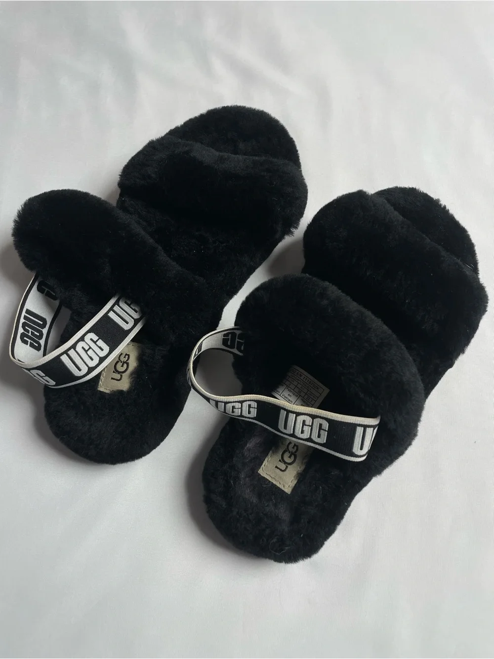 UGG Fluff Yeah Slide Slippers – Black Fuzzy Logo Strap, Size 4